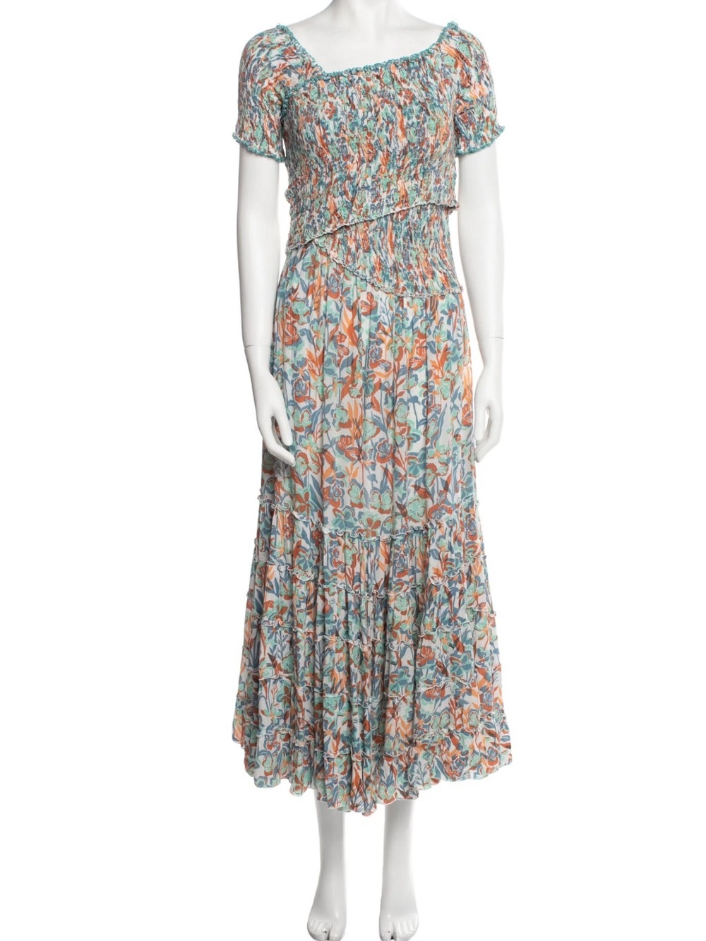 NWT POUPETTE ST BARTH Soledad Off Shoulder‎ Dress Aqua Shadow Smocked Medium